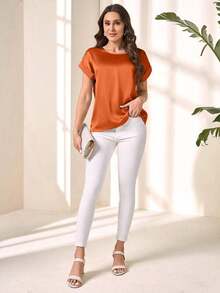 Blusa suelta elegante de verano para mujer con cuello redondo, mangas cortas tipo murciélago y unicolor - Blusas de manga corta - Color caoba - Ver 3