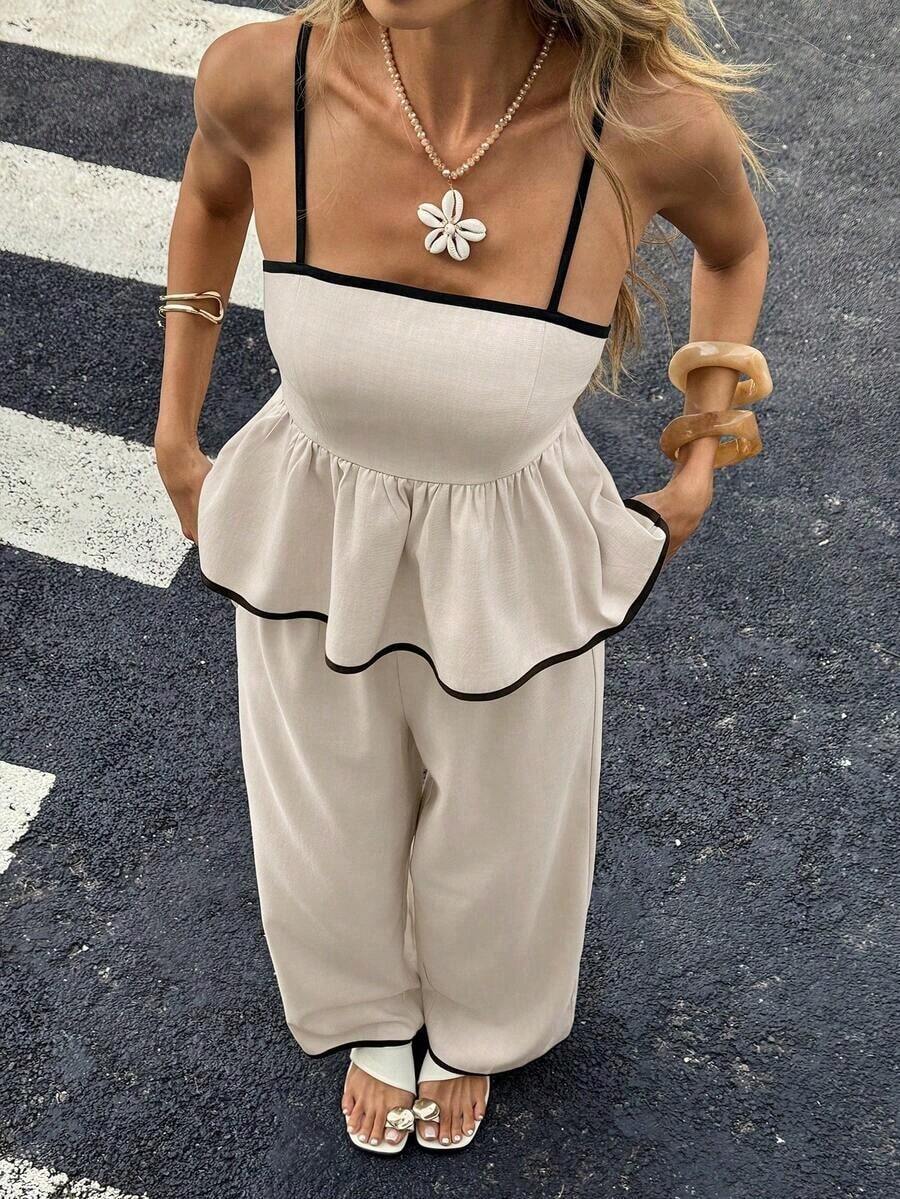 Set de 2 piezas con top de tirantes con ribete de contraste y pantalones de unicolor para mujer - Multicolor - Ver 1
