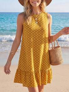 Vestido mini casual, de fiesta y de viaje con rayas y fruncido para mujer - Mostaza Amarilla - Ver 5