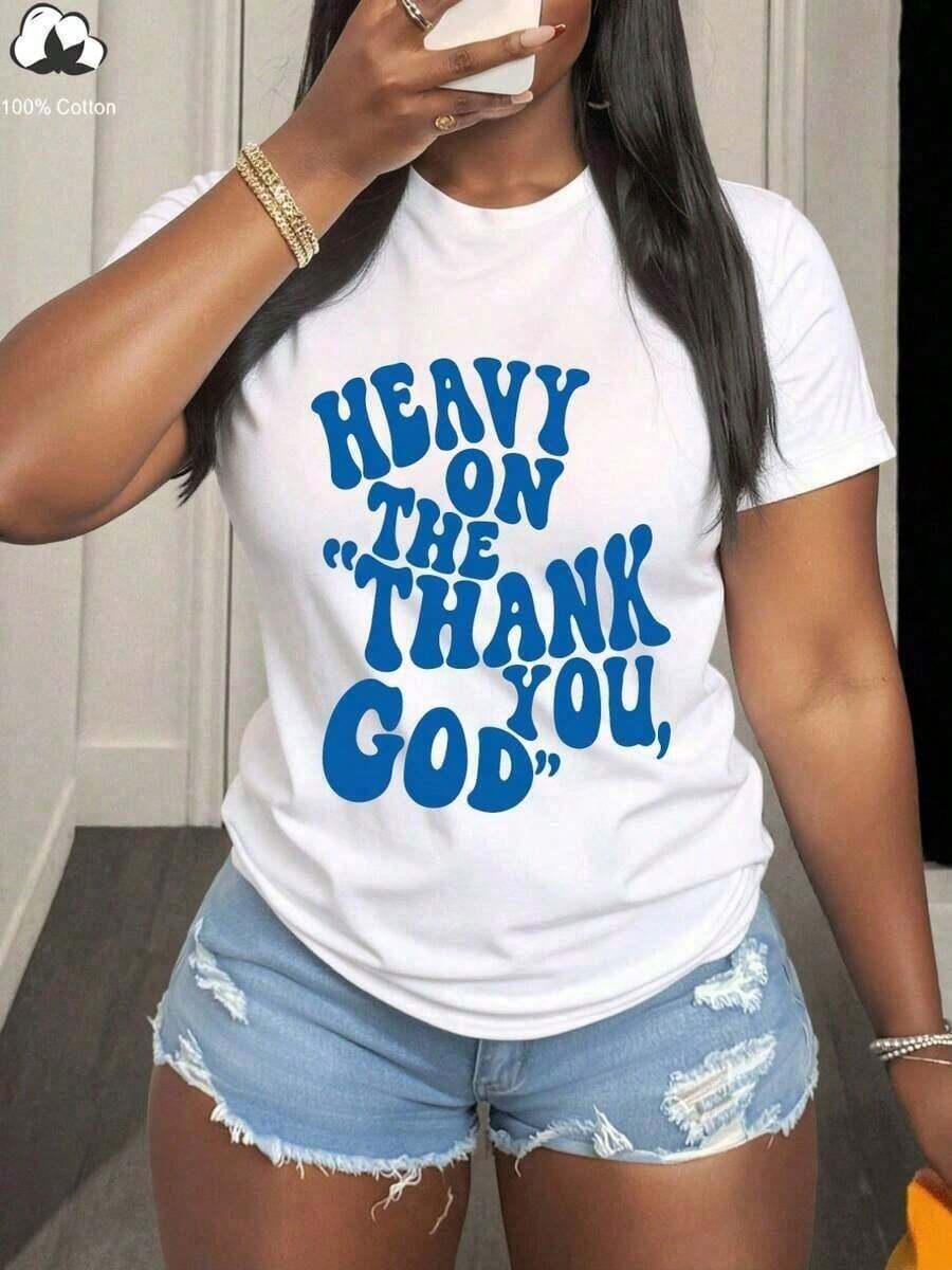 Women's Graphic T-Shirt With The Phrase "Thank God", White Base With Blue Print, Short Sleeves, Round Neck, Regular Fit, Casual T-Shirt, Suitable For Outdoor Use In Spring And Summer, Comfortable For All Seasons, Women's T-Shirt, Summer Clothes, Bold Print, Breathable Material, Printed Top, A Choice For Fashion Lovers. - 白色 - 查看 1
