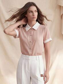 Blusa suelta de manga corta con cuello blanco de gasa arrugada elegante de color rosa para mujer - Rosa 2 - Ver 4