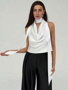 Top elegante y sexy de verano con escote profundo y espalda descubierta, ideal para dama de honor, boda, fiesta, cita romántica o vacaciones - Blanco - Ver 7