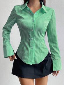 Camisa de manga larga casual a rayas que ciñe la cintura, apta para primavera/verano/otoño, tops de manga larga - Verde - Ver 4