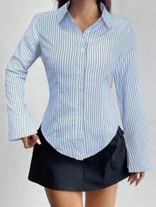 Camisa de manga larga casual a rayas que ciñe la cintura, apta para primavera/verano/otoño, tops de manga larga - Multicolor 4 - Ver 4