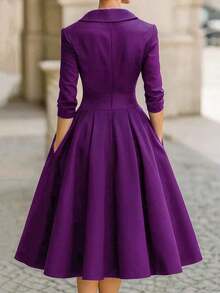 elegante y de moda francés al estilo europeo y americano, vestido formal de cintura ceñida de estilo minimalista, vacacional y casual japonés y coreano, vestido de dama elegante y sexy de escote profundo en V y ajustado al Body para otoño/invierno - Morado - Ver 2