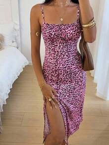 Vestido midi de leopardo con abertura lateral y tirantes - Rosa 2 - Ver 1
