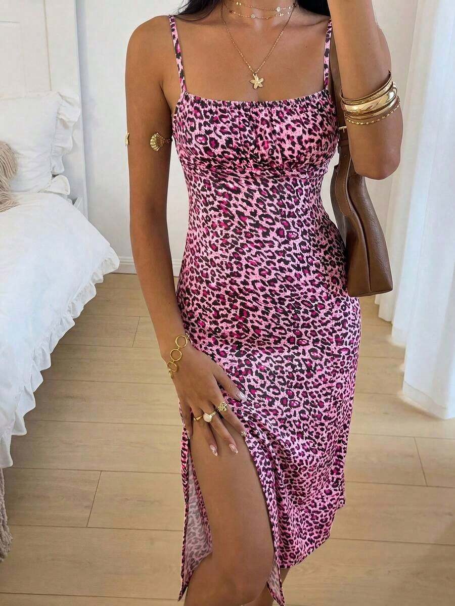 Vestido midi de leopardo con abertura lateral y tirantes - Rosa 2 - Ver 1