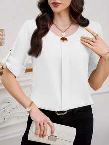 Clasi Blusa casual sencilla para uso diario con cuello redondo, manga corta y botones delanteros para mujer - Blanco - Ver 1