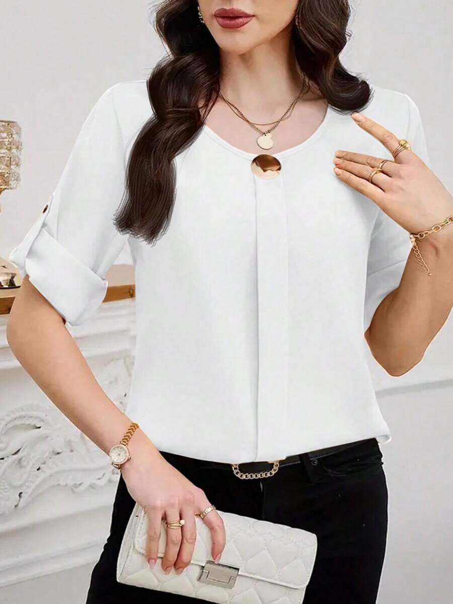 Clasi Blusa casual sencilla para uso diario con cuello redondo, manga corta y botones delanteros para mujer - Blanco - Ver 1