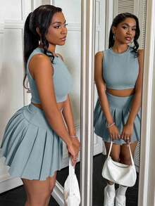 2 piezas Conjunto para mujer con top de tirantes con corazón calado y falda plisada - Celeste - Ver 6
