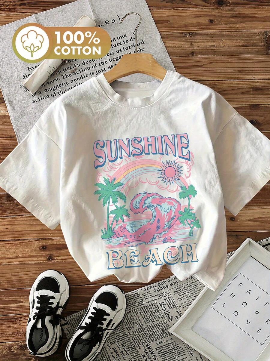 Graphic Print T-Shirt, Short Sleeves And Round Neck, Casual Top For Summer And Spring, Women's Clothing - 白色 - 查看 1