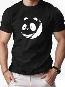 T-Shirt With Bright Yellow Smiling Panda Print - Casual Short Sleeve Crew Neck Summer T-Shirt With Cute White Panda Face, Lightweight And Comfortable For Casual Wear, Parties, Picnics - Fashionable Clothing - 黑色 - 查看 1