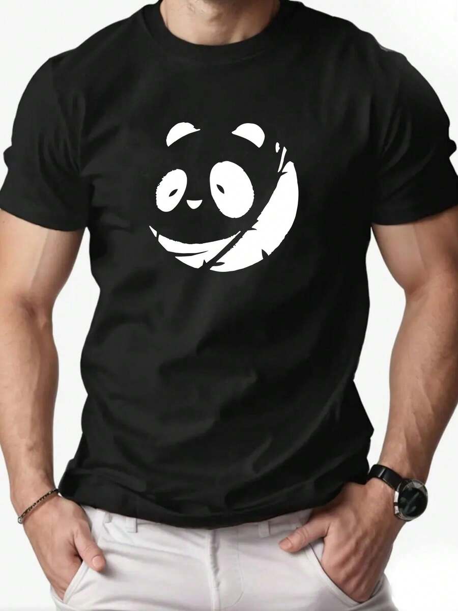 T-Shirt With Bright Yellow Smiling Panda Print - Casual Short Sleeve Crew Neck Summer T-Shirt With Cute White Panda Face, Lightweight And Comfortable For Casual Wear, Parties, Picnics - Fashionable Clothing - 黑色 - 查看 1
