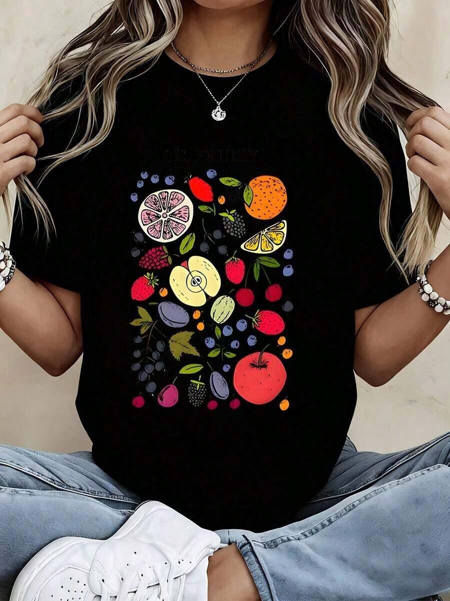 Lil Fruity Casual T-Shirt With Fruit Print, Women's Graphic Tee, Summer Casual Top, Short Sleeve, Round Neck, 100% Cotton, Durable - 黑色 - 查看 1