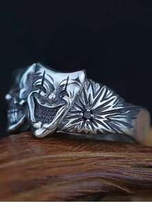 1 pieza Anillo de estilo gótico retro de doble cara del Joker del bien y del mal para hombres - Plata antigua - Ver 3