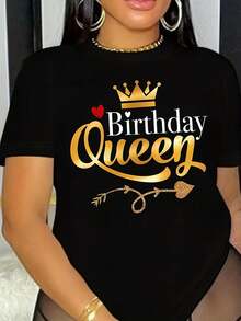 Camiseta Elegante de Mujer "Reina de Cumpleaños" con Diseño de Corona Dorada y Corazón - Ajuste Slim, Manga Corta, Cuello Redondo con Texto "Reina de Cumpleaños" y Letras Doradas - Atuendo Casual para Fiestas de Cumpleaños, Uso Todo el Año, Regalo para Mujeres - Negro - Ver 6