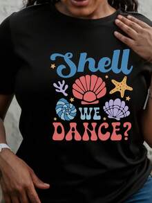Soft Women's T-Shirt, Light Beige And Black, With Seashell And Starfish Print, Round Neck, Short Sleeve, Casual Summer Style, Machine Washable, Comfortable Fit, Fun Design, Breathable Fabric, Shirt Print, Essential Item For The Beach, Lightweight And Fashionable Top, Exclusive For Beach Lovers. - 黑色 - 查看 6