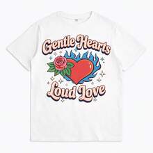 Women's Graphic T-Shirt With Heart, Pink And Flame Print, Short Sleeve, Cotton, Casual Urban Style, Top With Modern Phrases For Everyday Wear - 白色 - 查看 4