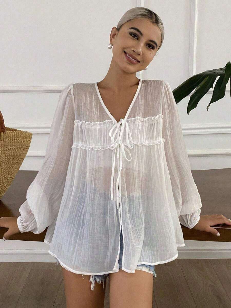 Camisa de mujer casual y versátil de unicolor con lazo - Blanco - Ver 1