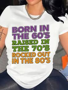 Women's Retro-Style Casual T-Shirt With "Born In The 60s/70s/80s" Print, Nostalgic Themed Party Top, Exclusively For Vintage Enthusiasts, Adult Size - 黑色 - 查看 6