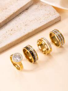 4pcs Luxury Geometric Roman Numeral Rhinestone Stainless Steel Ring Set, Suitable For Women's Daily Or Party Wear Jewelry - Gold - View 3