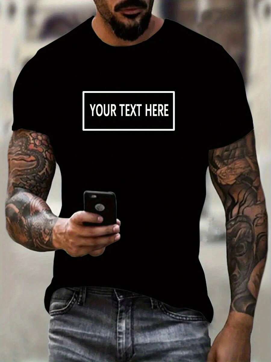 Camiseta de manga corta con cuello redondo personalizable para hombre, ropa deportiva casual de verano, diseña tu texto/logotipo/imagen/impresión 3D transpirable, tejido de punto, corte regular, ropa casual para exteriores, el mejor regalo - Negro - Ver 1