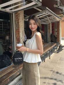Áo hai dây không tay có họa tiết, kiểu dáng độc đáo, thanh lịch, ôm eo, dành cho nữ, màu trắng, phong cách thường ngày. - trắng - Xem 3