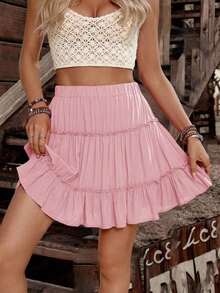 Jsnjjf Falda Casual de Color Sólido con Cintura Elástica y Volantes para Mujer - Rosa Pálido - Ver 11