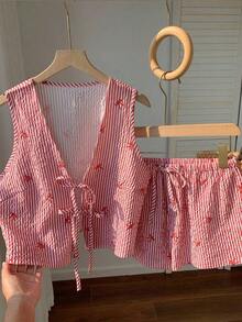 Conjunto de camiseta de tirantes y pantalones cortos a rayas con lazo para mujer - Rojo - Ver 1