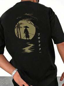 Camiseta de manga corta casual y versátil con estampado minimalista "Póster vintage" y "Estampado circular" de samurái japonés para hombres Zrgoth - Negro - Ver 2
