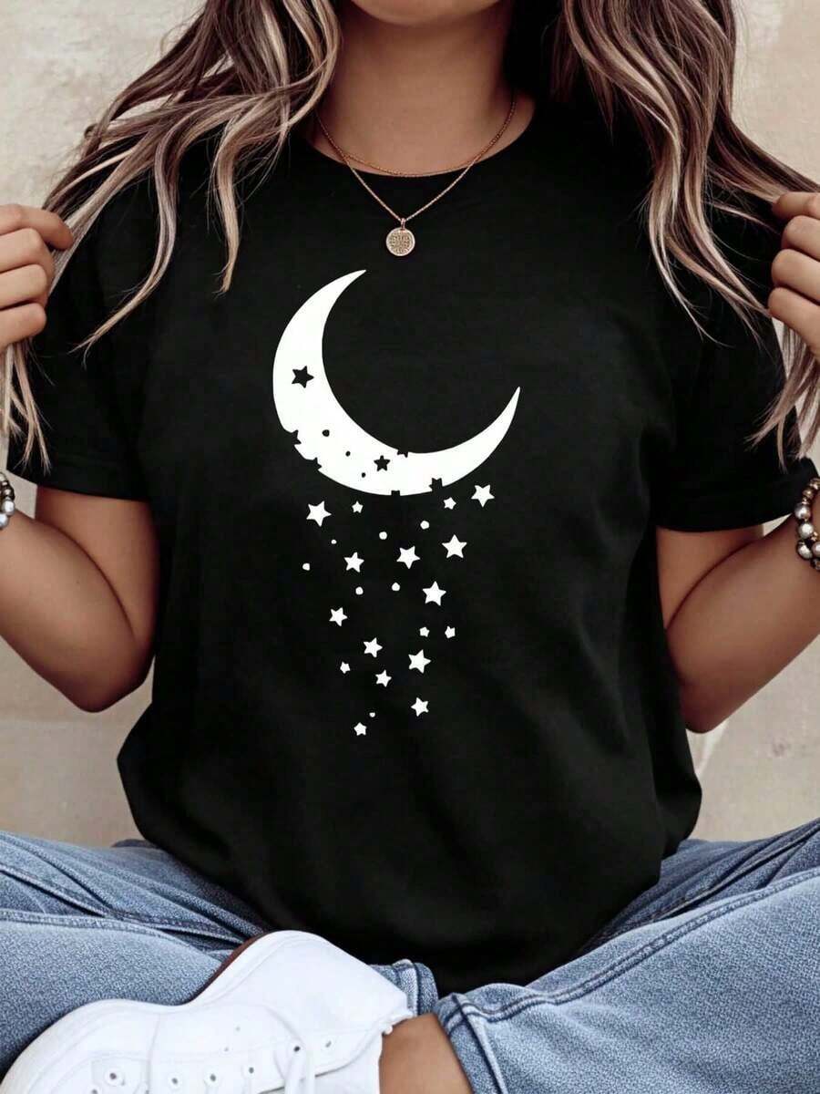 ropa de mujer Camiseta con estampado de luna creciente y estrellas para mujer, corte holgado informal, manga corta, para uso diario, camiseta gráfica con temática de cielo nocturno, atuendo de verano a la moda, camisas de mujer - Negro - Ver 1