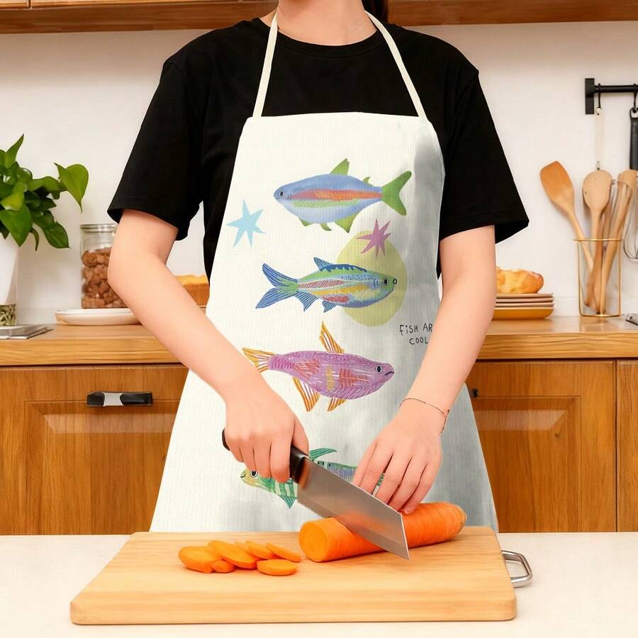 1件裝家居裝飾彩色魚紋印花圍裙,無袖,頸帶設計,適用於烹飪、烘焙和娛樂,適合家庭用餐、派對、戶外烤肉派對,烘焙圍裙|鮮豔圍裙|聚酯纖維圍裙|印花圍裙 - 彩色 - 查看 1