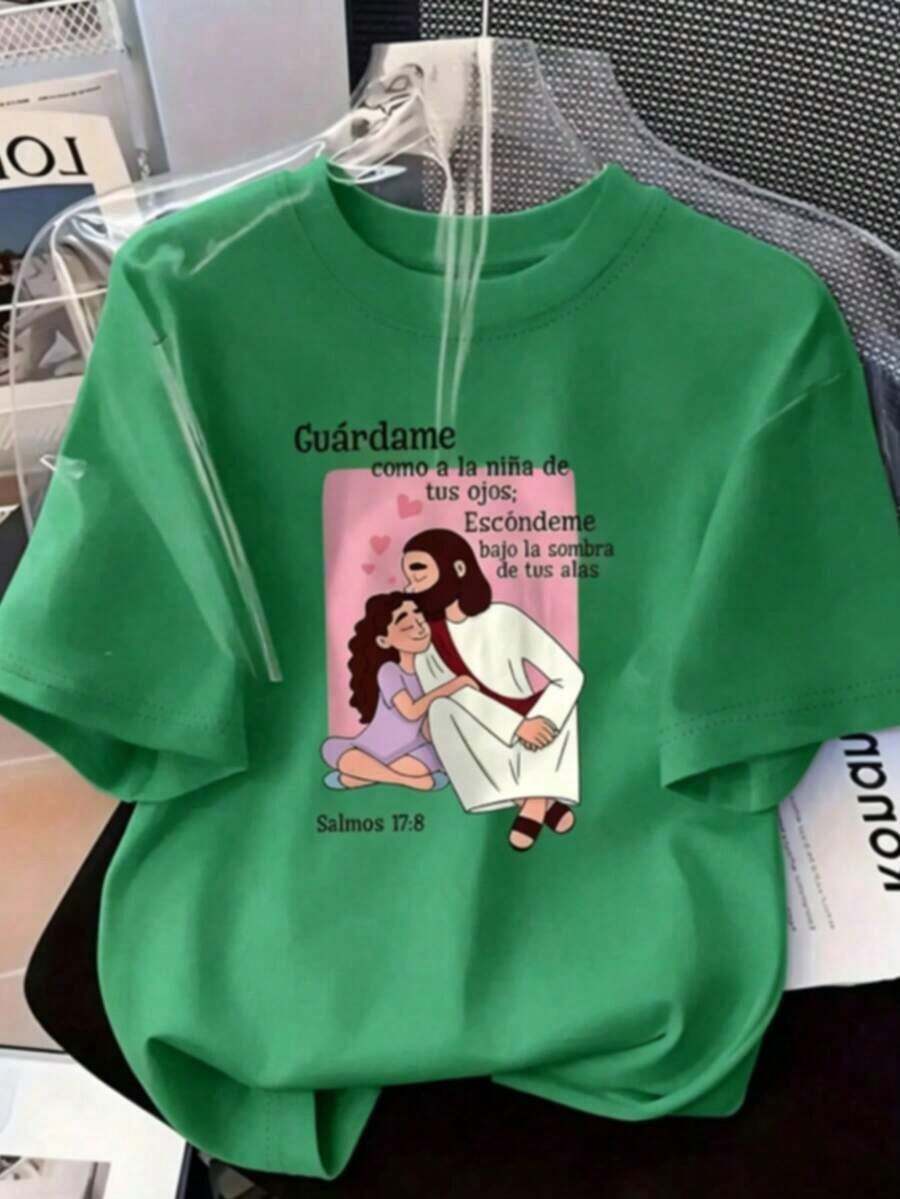 Women's One-Piece T-Shirt With Jesus Hugging Print, Short-Sleeved T-Shirt For Spring/Summer, The Perfect Holiday Gift, Comfortable And Versatile Casual Top With Elements Of Faith. Cotton T-Shirt - 綠色 - 查看 1