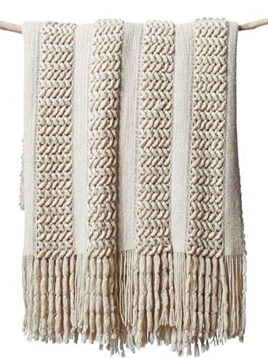 Fluffy Knitted Tassel Blanket, Lightweight Soft Comfortable For Bed, Sofa, Chair - Light Curry Color - View 1