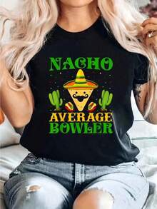 Algodón Nacho Average Bowler Mexican Bowling Cinco De Mayo-Shirt% Cottonplayeras de mujer - Negro - Ver 1