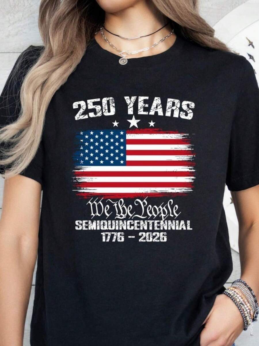 USA 250th Anniversary T-Shirt - July 4, 2026 Commemorative Edition, Celebrating 250 Years Of Freedom, 100% Casual Style, Suitable For Independence Day, USA Themed Birthday T-Shirt, Comfortable For Parades, Picnics And Everyday Wear. - 黑色 - 查看 1