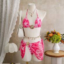 Nuevo Traje de Baño Sexy de Tres Piezas con Malla Tie-Dye 2026, Bikini con Cuello Halter y Lazos para Vacaciones - Z14 Rosa - Ver 1