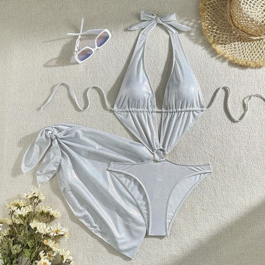 Nuevo traje de baño de dos piezas de colores brillantes con diseño calado. - Blanco - Ver 1