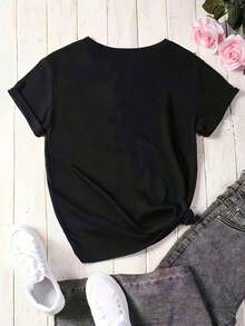 Camiseta Holgada Sencilla Mujer Estilo Moderno Camiseta Casual de Mujer con Estampado de Leopardo y Lazo, Cuello Redondo, Manga Corta, Color Negro, Lavable a Máquina, Camiseta de Moda para Todas las Temporadas, Camiseta de Mujer, Tela de Fácil Cuidado, Ropa de Mujer Camiseta Mujer Estampado Gráfico  Verano 2026 - Negro - Ver 3