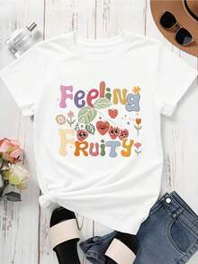 Camiseta Casual con Estampado Gráfico Frutal para Mujer, Diseño Divertido de Frutas para Verano, 100% Algodón, Duradera - Blanco - Ver 3