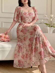 YHHCelisse Vestido elegante de manga larga con cuello cuadrado y estampado floral para mujerYHH - Rosa - Ver 1