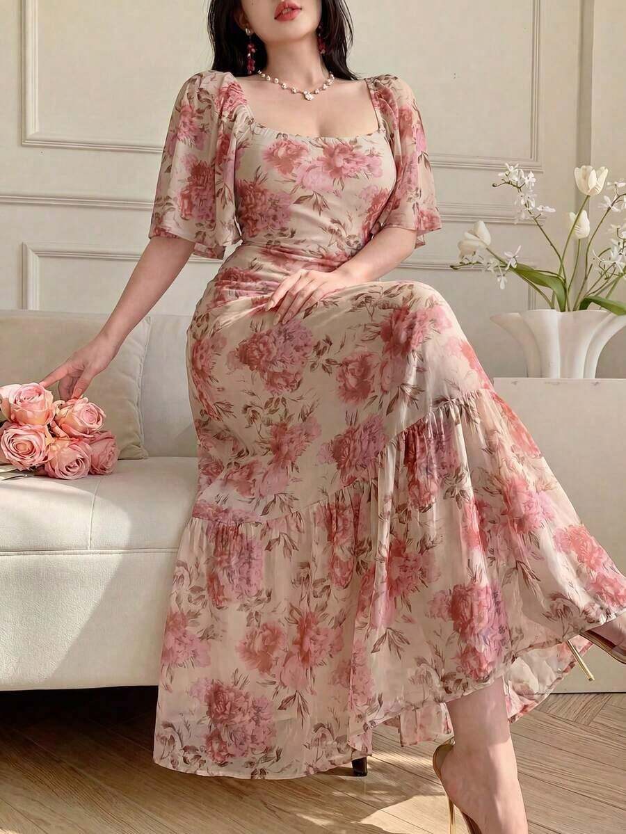 YHHCelisse Vestido elegante de manga larga con cuello cuadrado y estampado floral para mujerYHH - Rosa - Ver 1