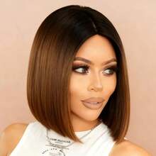 12 Inch Ombre Brown Short Bob Wig, Heat Resistant Synthetic Fiber, Middle Part Design, Fashionable Hair Color, Natural And Smooth Styling, Suitable For All Women, Cosplay, Theme Parties, Carnival - Multicolor - View 6