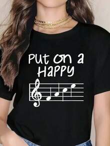Musical Notes Put On A Happy Face Cute Music Loving T-Shirt - Women's Casual Short Sleeve Crew Neck T-Shirt For Spring & Summer, Printed Graphic Tee For Sport Lovers, 100% Cotton, 1pcs, 230g Fabric - Negro - Ver 6