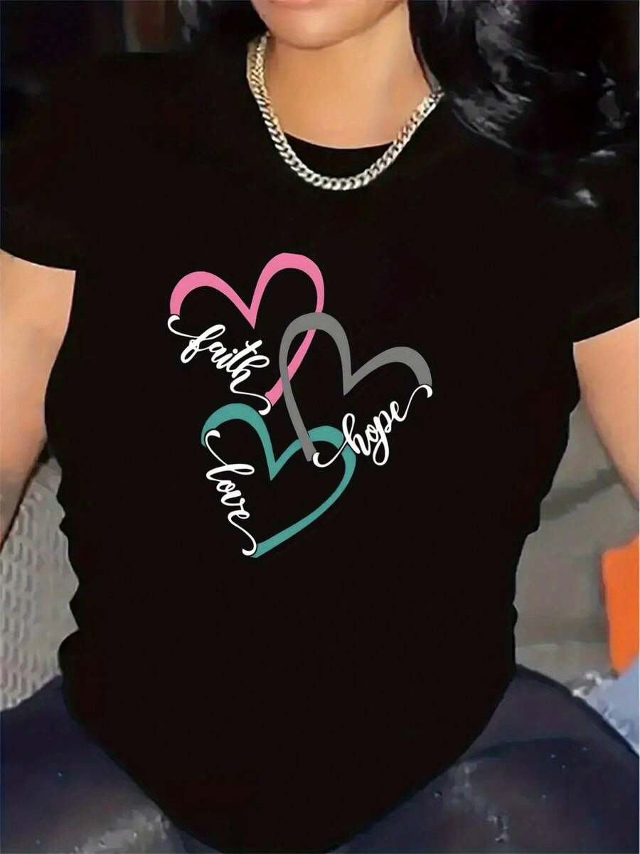 Short-Sleeved T-Shirt With A Design Of Faith, Love, And Hope. | Very Suitable For Wearing At Home, Comfortable And Durable, Perfect For Everyday Wear, Stylish And Lightweight, Casual Top For Women, Round Neck, Slightly Stretchy Fabric, Women's Printed T-Shirts. - 黑色 - 查看 1