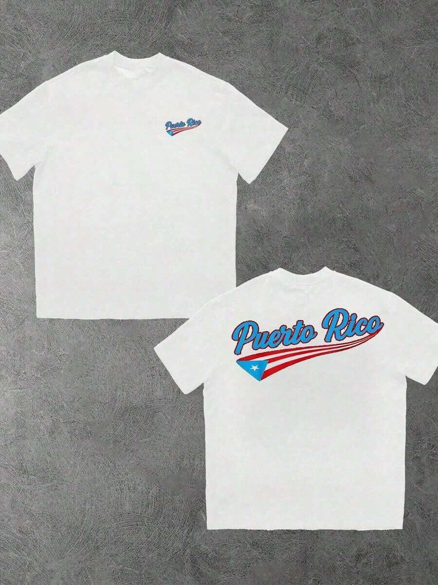 Camiseta de algodón 100% con estampado digital de doble cara de la bandera de Puerto Rico, 1 pieza, camiseta de manga corta con cuello redondo para hombre, 220g, recuerdo turístico. - Blanco - Ver 1