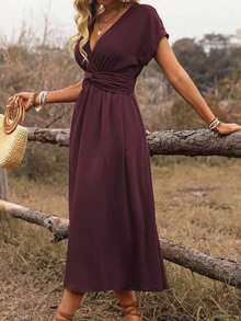 Vestido midi de manga abullonada con escote cruzado, cintura fruncida y espalda retorcida en estilo bohemio occidental casual para primavera/verano de mujer - Burdeos - Ver 6