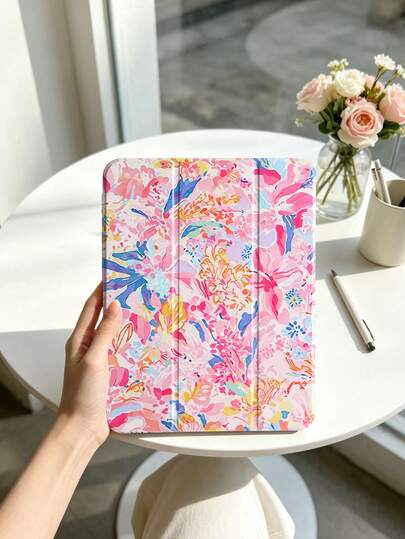 1 件装花卉叶子印花平板电脑保护套，适用于 iPad Mini 4/Mini 5/Mini 6/Mini 7/Air/Air 2/9.7/10.2/10.5/Air 4/Air 5/10.9/Pro 11 英寸/第十代/Air 11 英寸 (M2)-2024/Pro 11 英寸 (M4)-2024 和 2022 款。包含笔槽、三折支架、TPU 软边保护、磁吸式睡眠/唤醒功能，独特/创意/趣味/个性化/浪漫三折平板电脑保护套