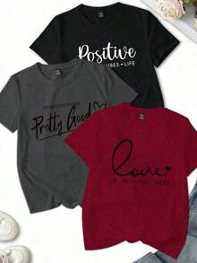 1 Pack playeras estampadas conjunto 1 piezas tshirt grafico LOVE, POSITIVE, PRETTY GOOD  diseño moderno muyer Letras  Casual diario casa - Negro - Ver 1