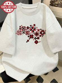 Limited EditionWomen's Spring/Summer Clothing, Women's Tops, Pixel Style Geometric Pattern, Pixel Pattern Red, Versatile Short Sleeve Drop Shoulder Oversized-ShirtLightweight Cotton - Blanco - Ver 10